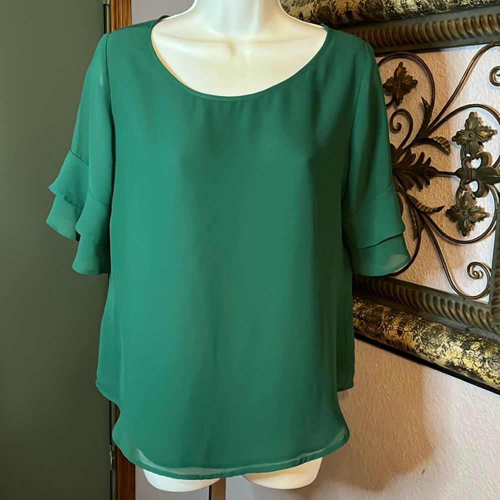 Cutest Ann Taylor  Green Semi Sheer Ruffle Sleeves Top Sz S💚